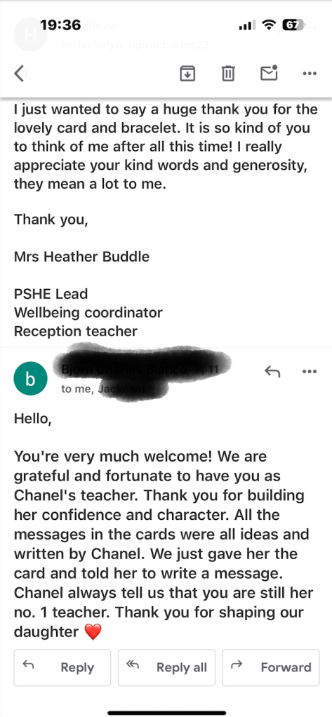 A lovely thank you email from the parent of an ex student, saying kind words about my teaching